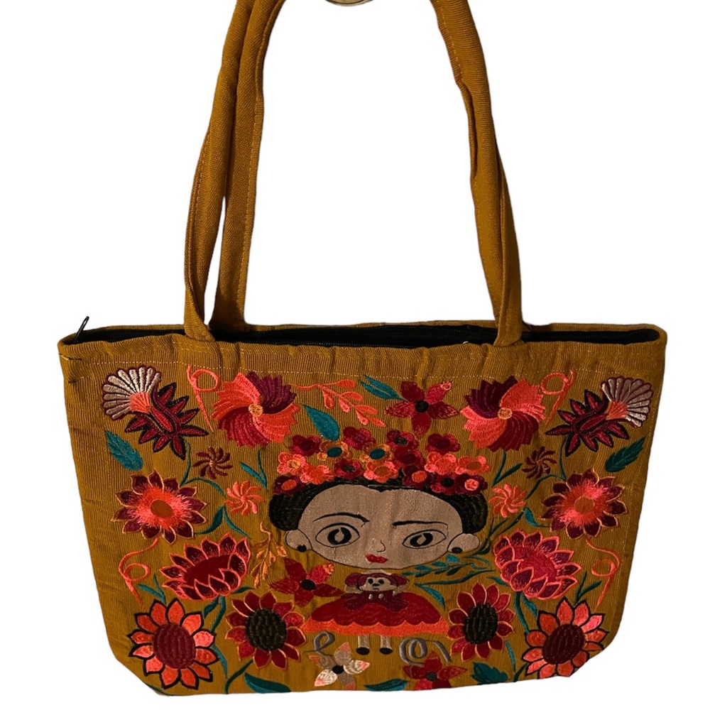 Little Frida tote, Embroidered Tote, Mexican Embroidered, Mustard color tote